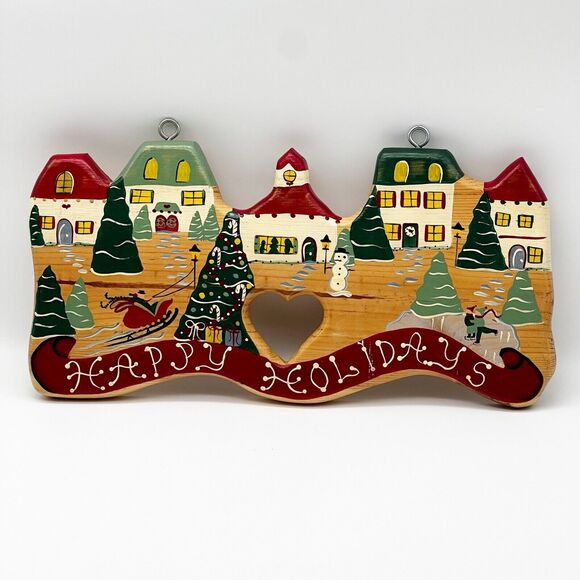 Happy Holidays Hand Made Wood Wall Art  Decor Sign Christmas Village 15” x 7.5” - Picture 1 of 6